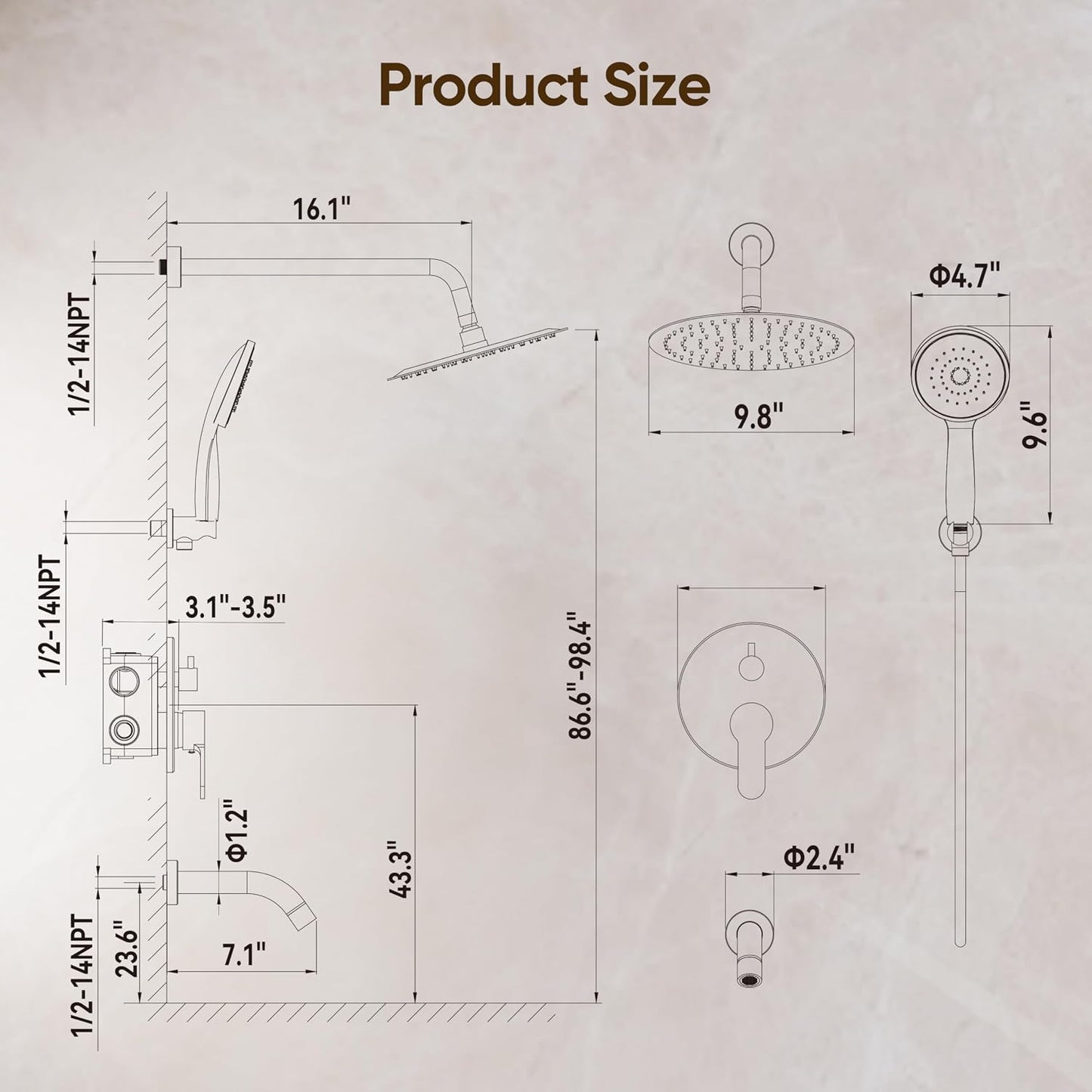 Shower System with Tub Spout, Shower Faucet Set with 10-Inch Rain Shower Head, Handheld Shower Head and Shower Faucet Trim Valve, Wall Mounted Bathroom Shower Combo Set, Matte Black