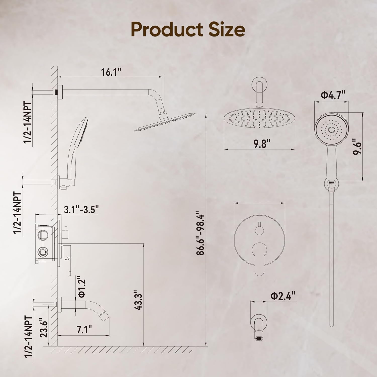 Shower System with Tub Spout, Shower Faucet Set with 10-Inch Rain Shower Head, Handheld Shower Head and Shower Faucet Trim Valve, Wall Mounted Bathroom Shower Combo Set, Matte Black