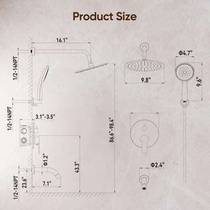 Shower System with Tub Spout, Shower Faucet Set with 10-Inch Rain Shower Head, Handheld Shower Head and Shower Faucet Trim Valve, Wall Mounted Bathroom Shower Combo Set, Matte Black