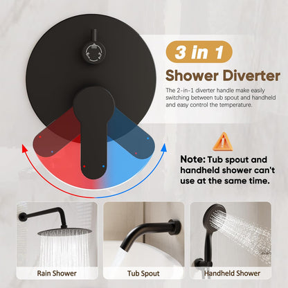 Shower System with Tub Spout, Shower Faucet Set with 10-Inch Rain Shower Head, Handheld Shower Head and Shower Faucet Trim Valve, Wall Mounted Bathroom Shower Combo Set, Matte Black