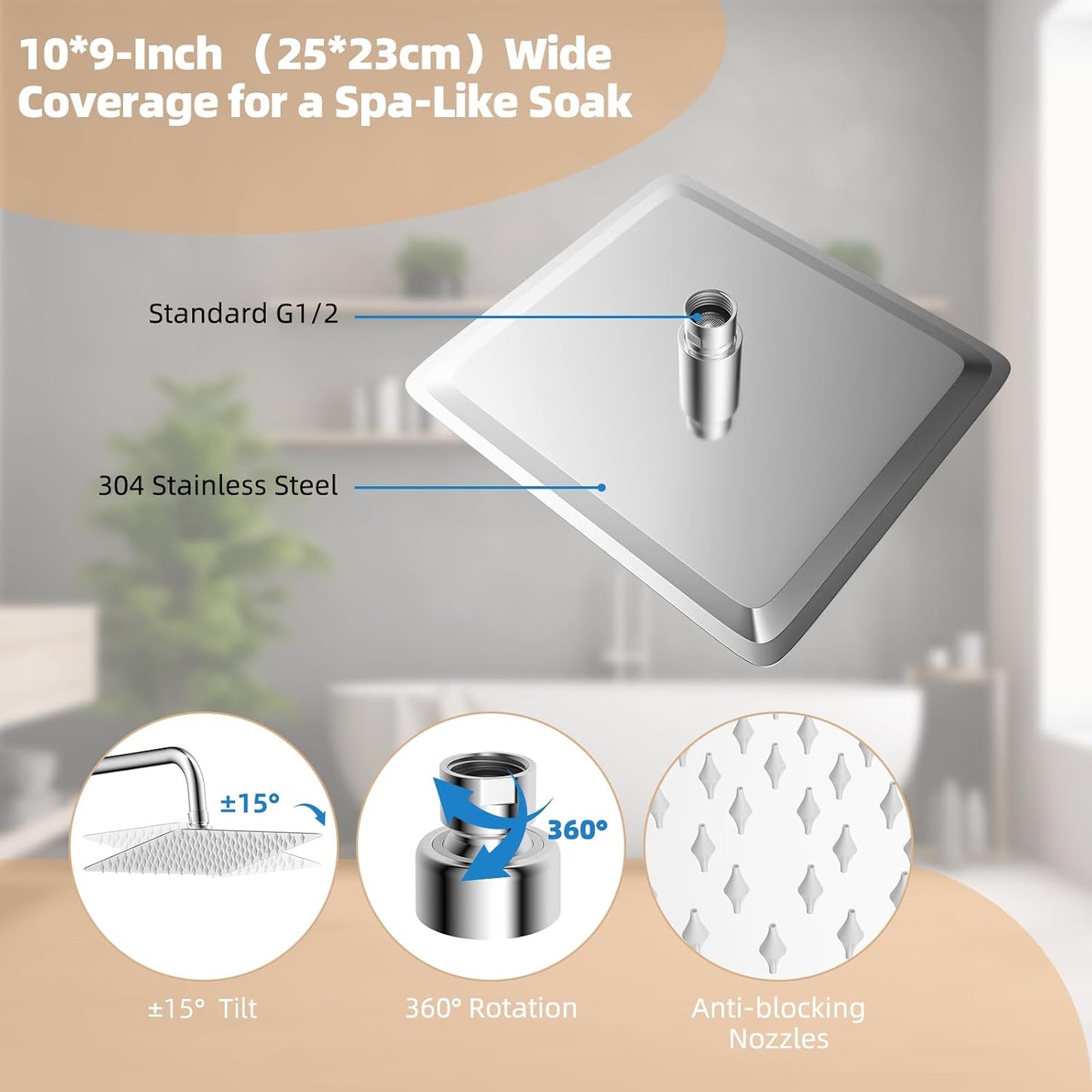 All Metal Shower Riser Rail Kit with 10" Rainfall Shower Head, 3 Modes Handheld Shower Head, Height Adjustable Shower Kit without Mixer Shower, Anti-Kink Shower Hose, Brass Diverter, Chrome