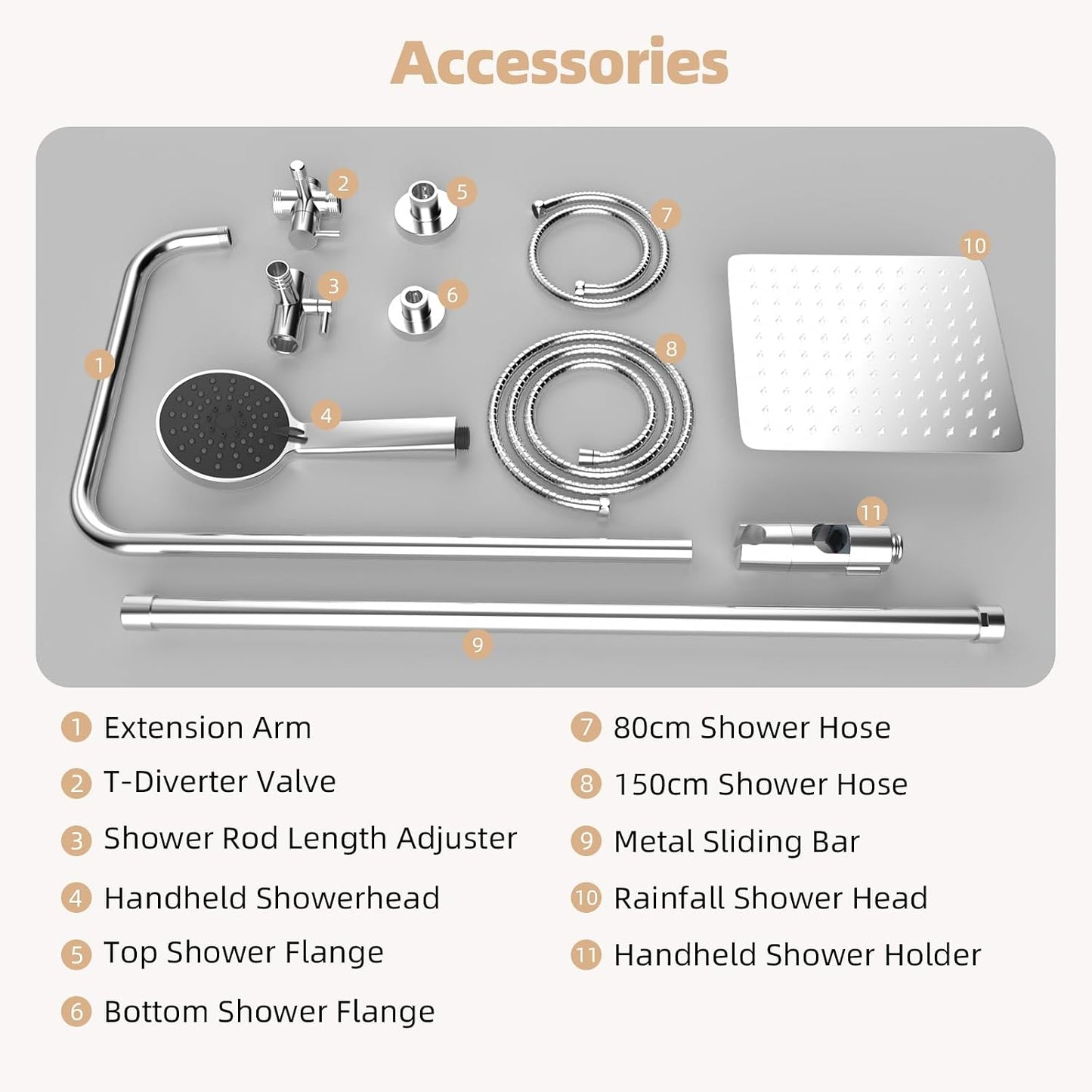All Metal Shower Riser Rail Kit with 10" Rainfall Shower Head, 3 Modes Handheld Shower Head, Height Adjustable Shower Kit without Mixer Shower, Anti-Kink Shower Hose, Brass Diverter, Chrome