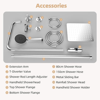 All Metal Shower Riser Rail Kit with 10" Rainfall Shower Head, 3 Modes Handheld Shower Head, Height Adjustable Shower Kit without Mixer Shower, Anti-Kink Shower Hose, Brass Diverter, Chrome