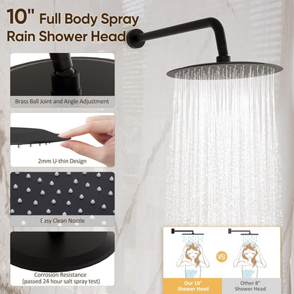 Shower System with Tub Spout, Shower Faucet Set with 10-Inch Rain Shower Head, Handheld Shower Head and Shower Faucet Trim Valve, Wall Mounted Bathroom Shower Combo Set, Matte Black