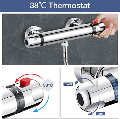 Thermostatic Shower Mixer Kit Wall Mounted Thermostatic Shower Valve with Adjustable Riser Kit,38°C Safety Lock anti Scald, Chrome Modern Shower Set