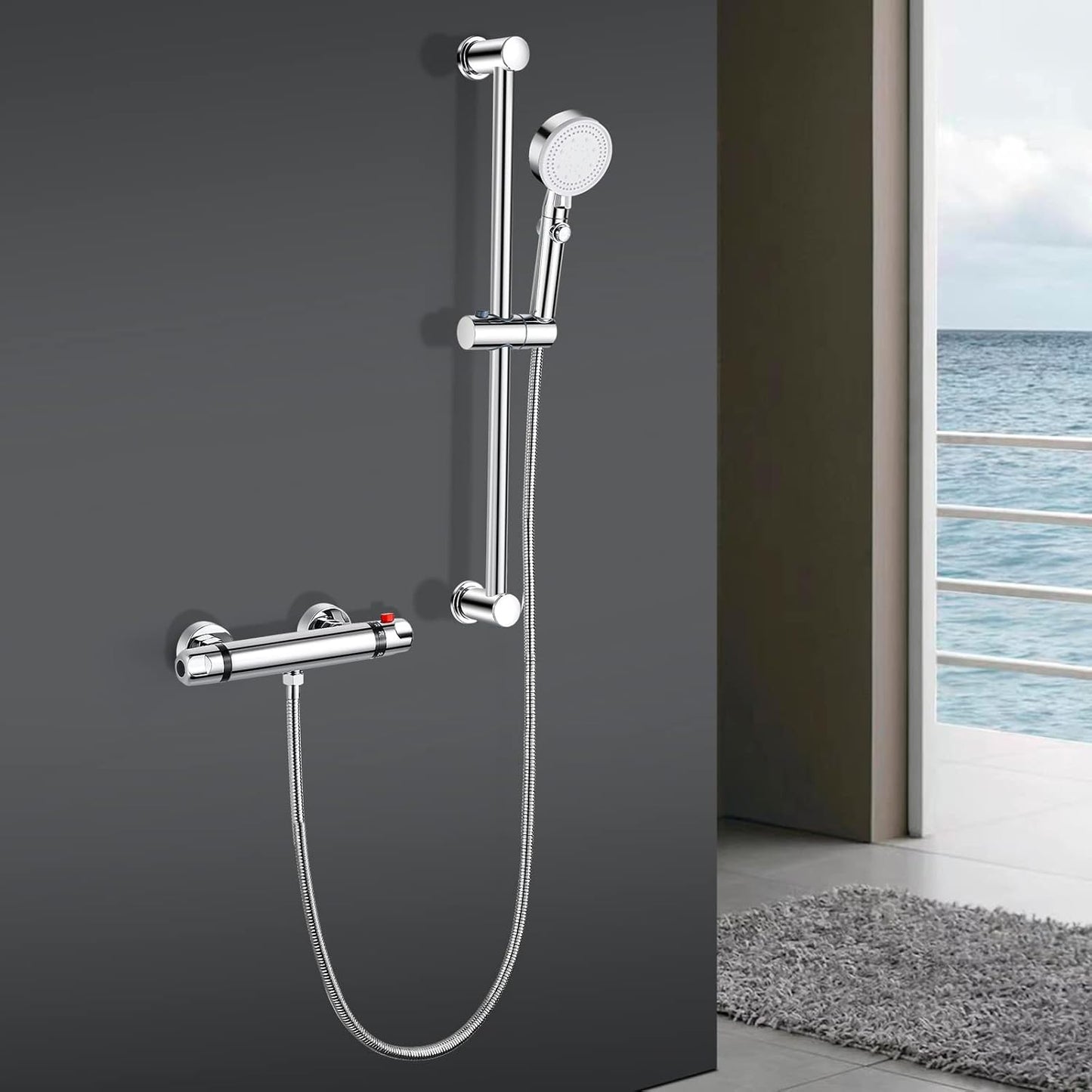 Thermostatic Shower Mixer Kit Wall Mounted Thermostatic Shower Valve with Adjustable Riser Kit,38°C Safety Lock anti Scald, Chrome Modern Shower Set