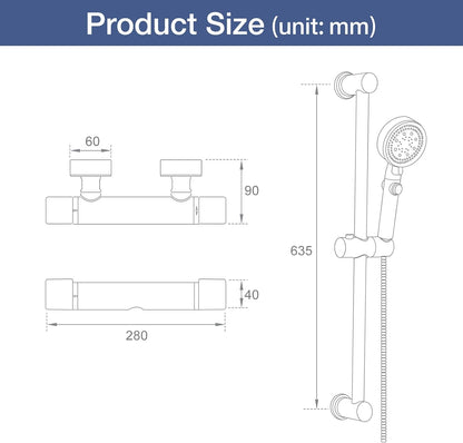 Thermostatic Shower Mixer Kit Wall Mounted Thermostatic Shower Valve with Adjustable Riser Kit,38°C Safety Lock anti Scald, Chrome Modern Shower Set