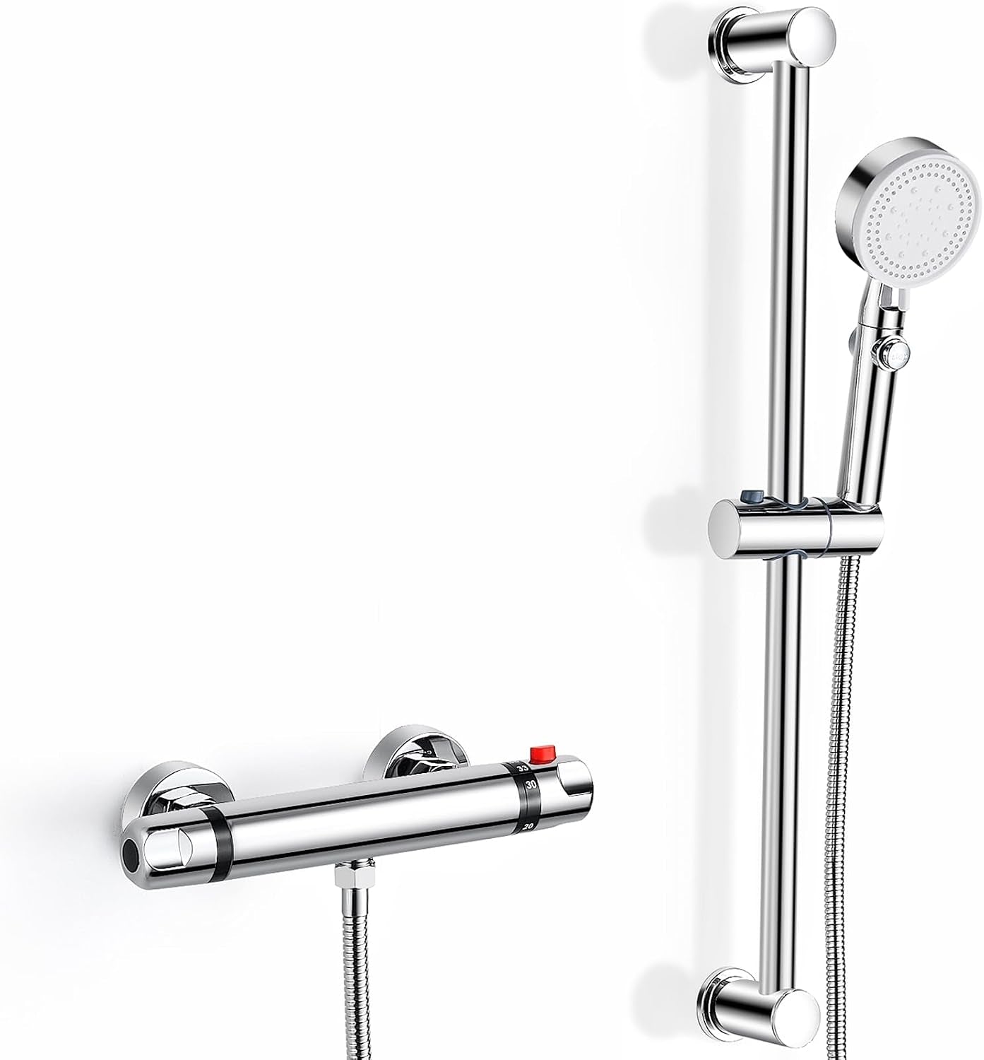Thermostatic Shower Mixer Kit Wall Mounted Thermostatic Shower Valve with Adjustable Riser Kit,38°C Safety Lock anti Scald, Chrome Modern Shower Set
