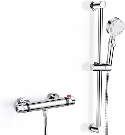 Thermostatic Shower Mixer Kit Wall Mounted Thermostatic Shower Valve with Adjustable Riser Kit,38°C Safety Lock anti Scald, Chrome Modern Shower Set