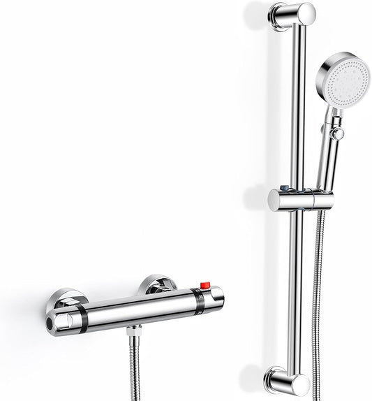 Thermostatic Shower Mixer Kit Wall Mounted Thermostatic Shower Valve with Adjustable Riser Kit,38°C Safety Lock anti Scald, Chrome Modern Shower Set
