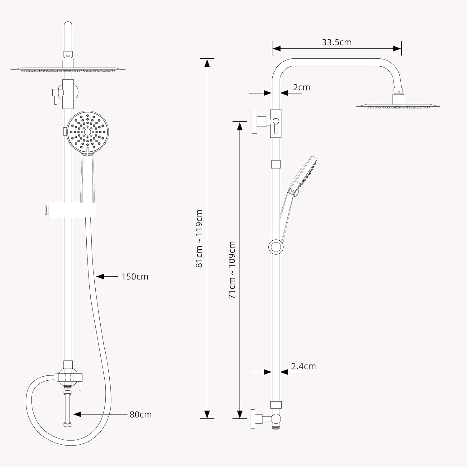 All Metal Shower Riser Rail Kit with 10" Rainfall Shower Head, 3 Modes Handheld Shower Head, Height Adjustable Shower Kit without Mixer Shower, Anti-Kink Shower Hose, Brass Diverter, Chrome