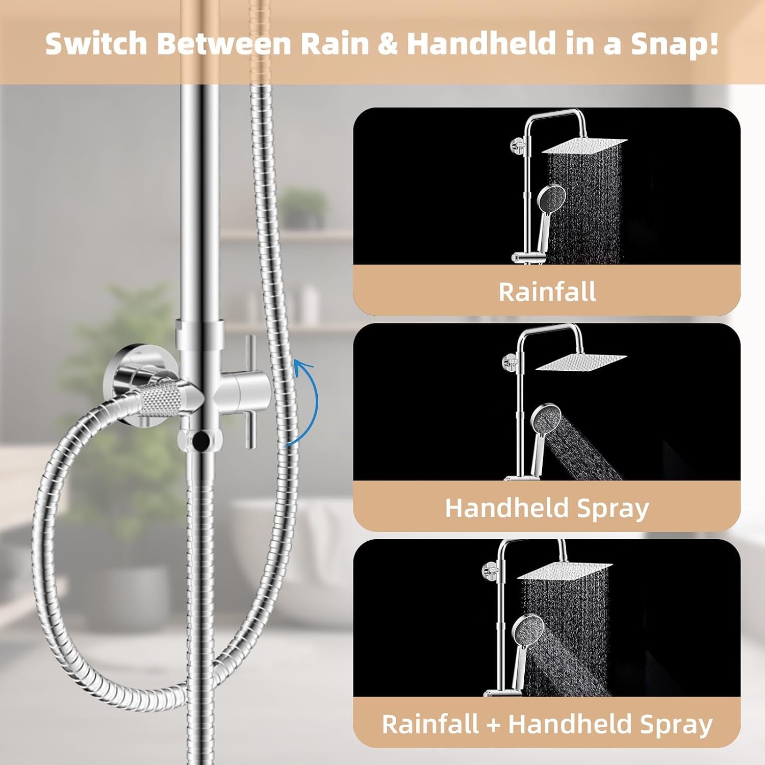 All Metal Shower Riser Rail Kit with 10" Rainfall Shower Head, 3 Modes Handheld Shower Head, Height Adjustable Shower Kit without Mixer Shower, Anti-Kink Shower Hose, Brass Diverter, Chrome