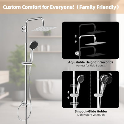 All Metal Shower Riser Rail Kit with 10" Rainfall Shower Head, 3 Modes Handheld Shower Head, Height Adjustable Shower Kit without Mixer Shower, Anti-Kink Shower Hose, Brass Diverter, Chrome