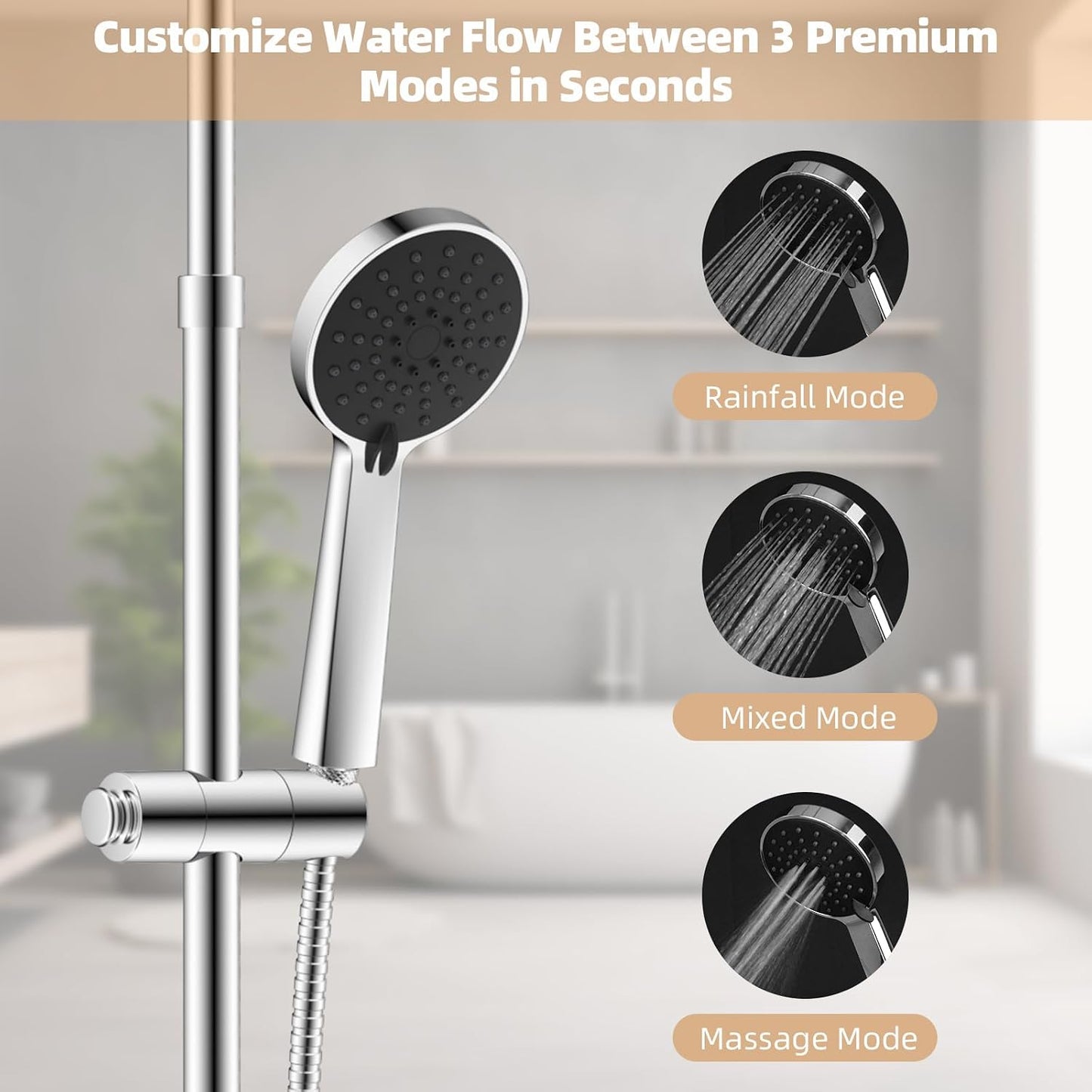 All Metal Shower Riser Rail Kit with 10" Rainfall Shower Head, 3 Modes Handheld Shower Head, Height Adjustable Shower Kit without Mixer Shower, Anti-Kink Shower Hose, Brass Diverter, Chrome