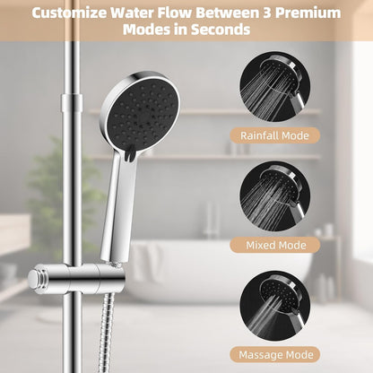 All Metal Shower Riser Rail Kit with 10" Rainfall Shower Head, 3 Modes Handheld Shower Head, Height Adjustable Shower Kit without Mixer Shower, Anti-Kink Shower Hose, Brass Diverter, Chrome