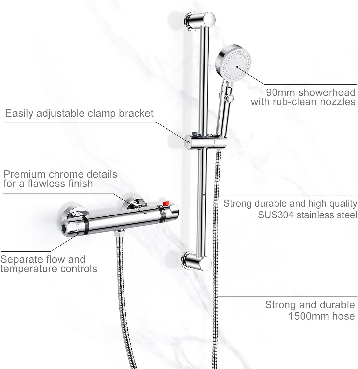 Thermostatic Shower Mixer Kit Wall Mounted Thermostatic Shower Valve with Adjustable Riser Kit,38°C Safety Lock anti Scald, Chrome Modern Shower Set