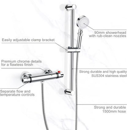 Thermostatic Shower Mixer Kit Wall Mounted Thermostatic Shower Valve with Adjustable Riser Kit,38°C Safety Lock anti Scald, Chrome Modern Shower Set
