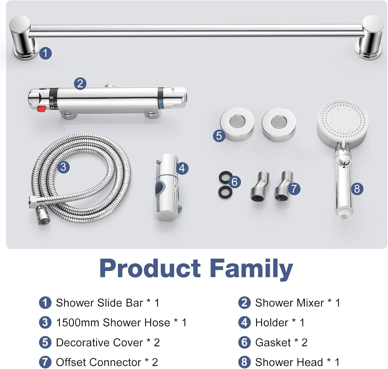 Thermostatic Shower Mixer Kit Wall Mounted Thermostatic Shower Valve with Adjustable Riser Kit,38°C Safety Lock anti Scald, Chrome Modern Shower Set