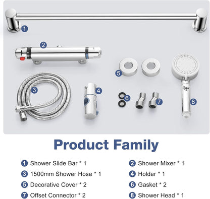Thermostatic Shower Mixer Kit Wall Mounted Thermostatic Shower Valve with Adjustable Riser Kit,38°C Safety Lock anti Scald, Chrome Modern Shower Set
